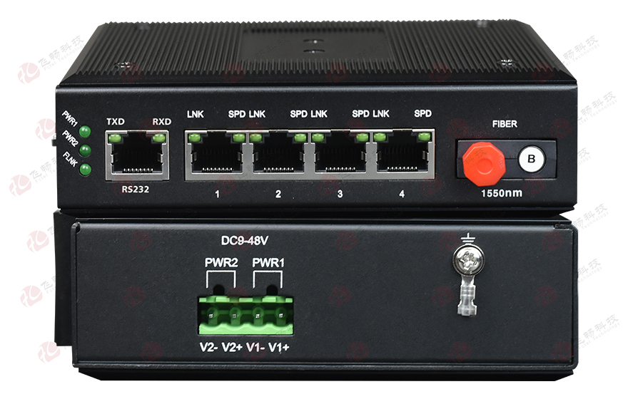 飛暢科技-網管型 工業(yè)級1路百兆光口轉4路百兆電+1路串口交換機