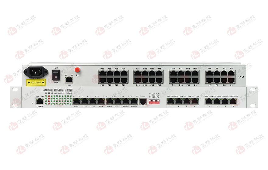 飛暢科技-32路電話+16E1+4FE+4GE+2路數(shù)據(jù)+SNMP+console（19英寸，物理隔離）電話光端機