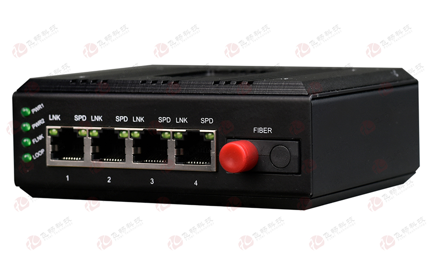 飛暢科技-mini工業(yè)軌式 4路百兆(物理隔離，總帶寬100M)轉(zhuǎn)1路百兆光